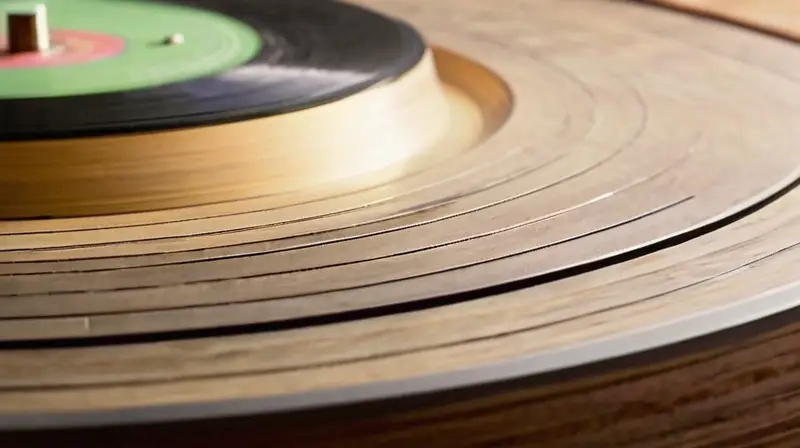 Un viejo vinilo de vinilo está expuesto en una superficie de madera rusticada con patrones intrincados de grano