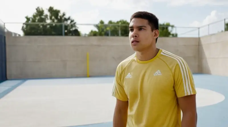 Un joven atleta latino está en movimiento en un área de concreto gris, vestido con una camiseta amarilla simple y shorts beige