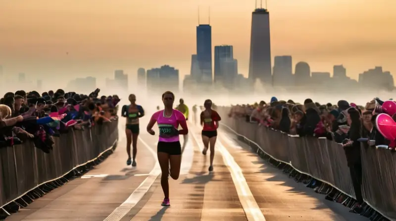 La escena describe a la llegada de corredores a un maratón en Chicago con brillante luz solar y niebla matutina