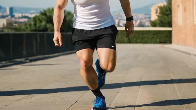 Un hombre atlético con características faciales fuertes y una apariencia robusta se mantiene en una carrera intenso en la ciudad de Barcelona