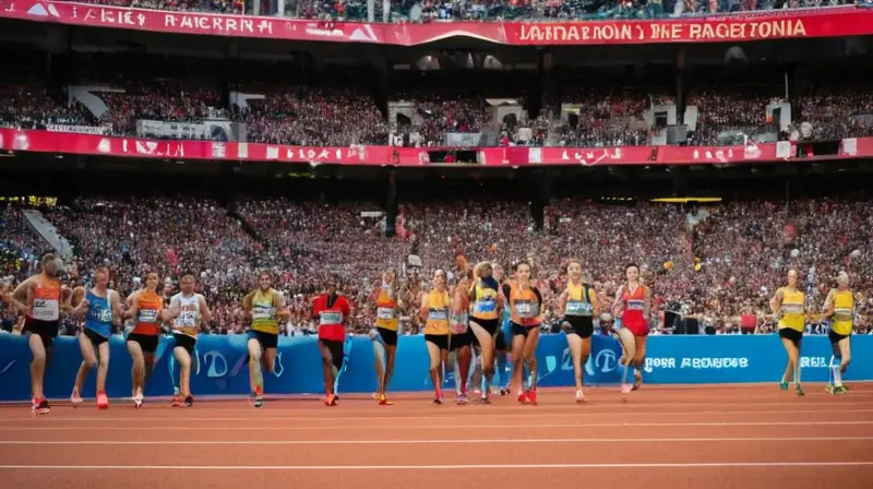 Una multitud reunida en un estadio observa exhaustos, pero aliviados, a los atletas que cruzan la meta del Maratón de Barcelona 2023