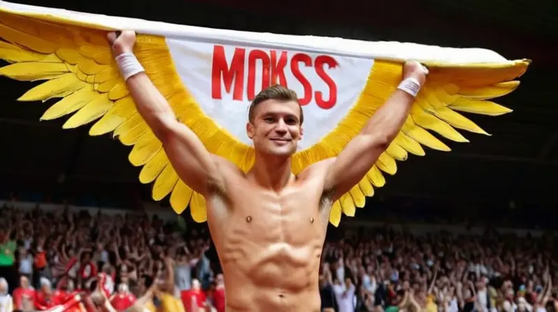 Un atleta triunfante sostiene la corona sobre el podio, rodeado de una multitud exultante y un banner que leo MÁS ALTO