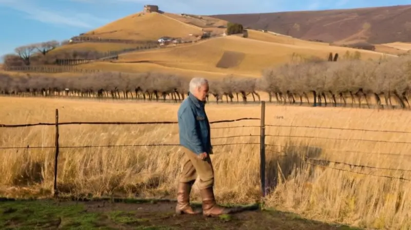 Un anciano con una expresión de preocupación se inclina sobre la cerca de un campo de trigo, rodeado del paisaje español rural