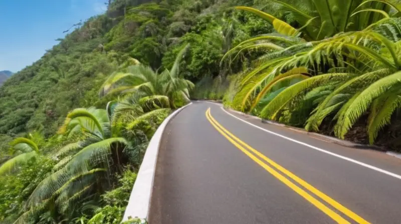 Una carretera asfáltica desciende hacia un bosque de palmeras