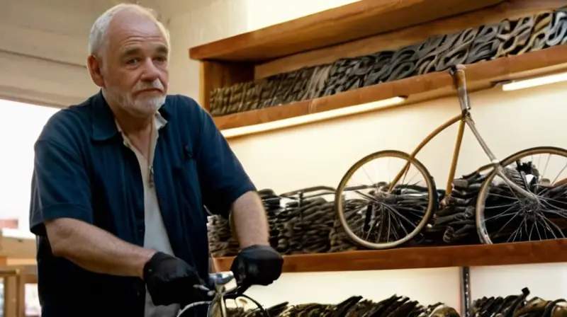 Un anciano se apoya en su bicicleta clásica en una tienda antigua