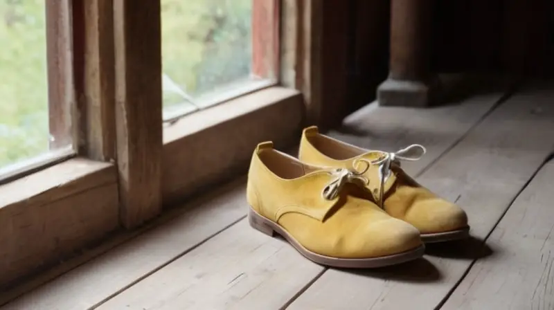 Un par de zapatos sucios y gastados descansa en una mesa antigua, rodeado de suaves rayos de luz solar