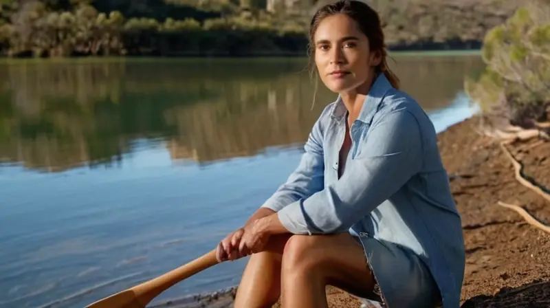 Una mujer australiana descansa junto al agua con un remo en la mano, rodeada de sereno y naturaleza en armonía