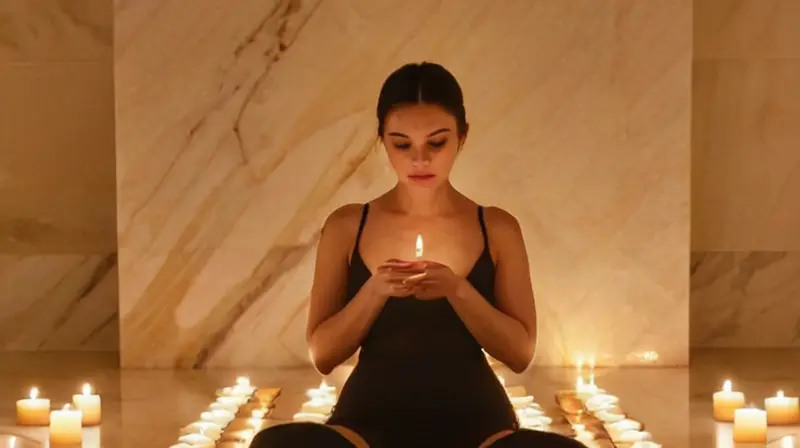 Una mujer está sentada sobre un suelo de mármol blanco con velas y sus manos están cubiertas de su pecho