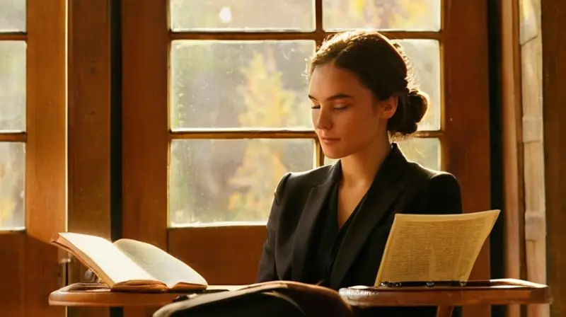 Una mujer intensamente concentrada preparándose para escribir en su libro bajo la luz del atardecer de otoño