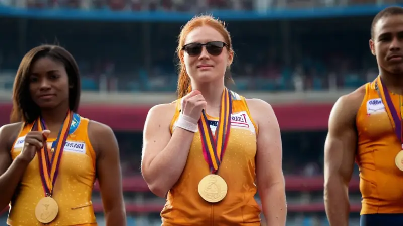 Un grupo de atletas confiados y musculosos recibirán sus medallas de oro en un estadio con una atmósfera luminosa y festiva