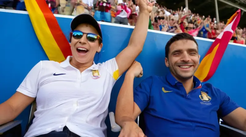 La escena describe un momento de emoción compartida en una atmósfera llena de color y vida durante un evento deportivo Paralímpico