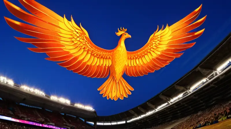 En un momento lleno de determinación y deporte, una majestuosa águila fénix emergiendo del fogonazo ilumina el estadio olímpico