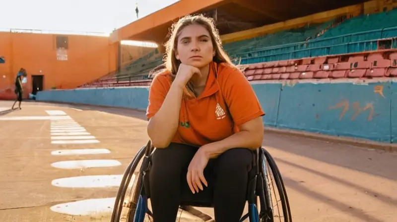 Una mujer discapacitada se sienta humildemente en un peldaño abandonado de un estadio, rodeada por maderas arruinadas y colores desvaídos de la bandera mexicana