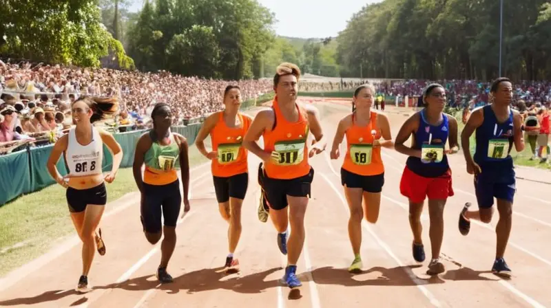 Corredores sudorosos y exhaustos acercándose al final de la carrera en un campo verde con público emocionado