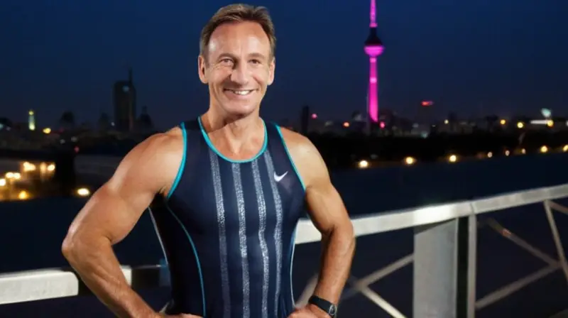 Un hombre sonriente de mediana edad está leyendo un ejercicio con atletismo en una ciudad moderna