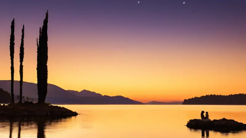 Un joven matrimonio se encuentra en una tranquilidad serena al borde del lago bajo la luz plateada de la luna creciente