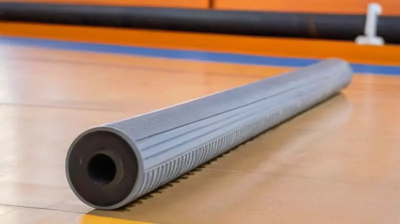 Una raqueta miofascial de goma gris está al frente en un pista de carreras con equipos deportivos difuminados al fondo