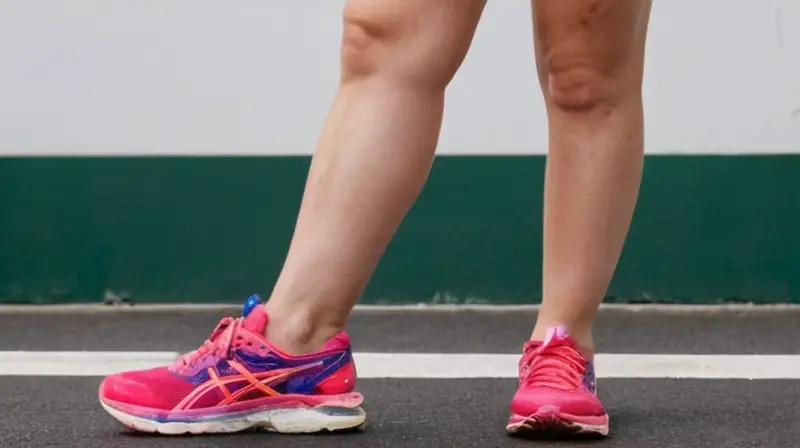 Una atleta femenina de 45 años se muestra en una pose incómoda sobre una pista de atletismo