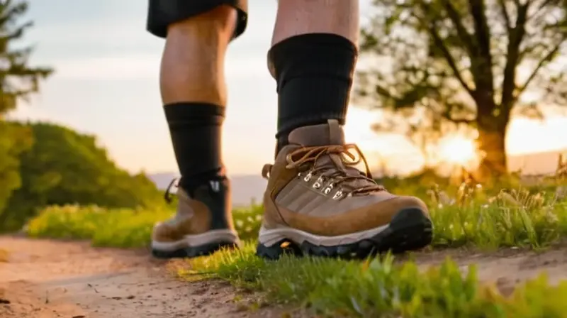 Un hombre camina en un sendero de jogging con bastones deportivos y mochila, sosteniendo una placa de pesas en la mano derecha