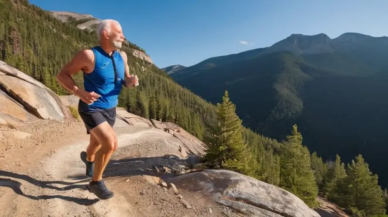 Un hombre blanco anciano corre por un sendero montañoso rodeado de árboles nativos desnudos y boulder