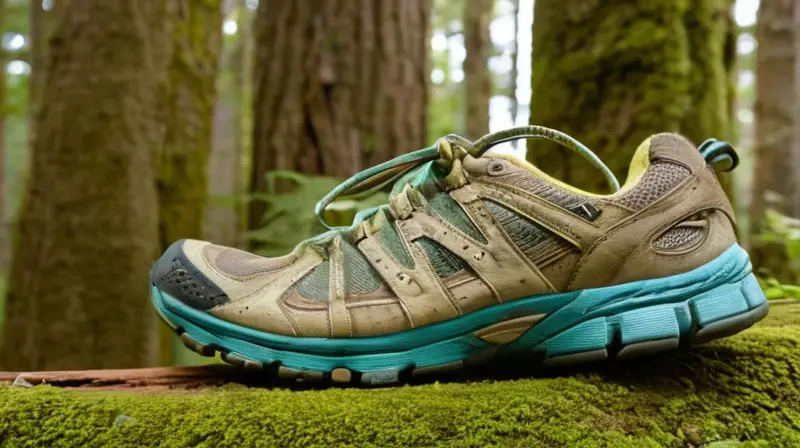 Un zapato de correr gastado yace sobre un sendero forestal