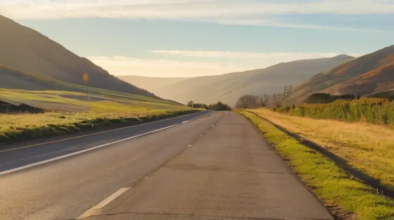 Una carretera serpentina cruza un paisaje mágico con montañas nevadas, árboles y colinas verdes bajo un cielo desvaído