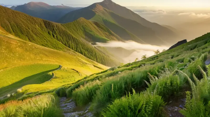 La escena descriptiva retrata una impresionante y vívida imagen de un paisaje montañoso con árboles y flores ornamentado