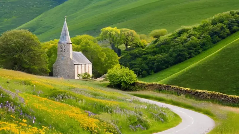 Una carretera sinuosa cruza paisajes verdes y árboles centenarios cerca de un pequeño pueblo remoto