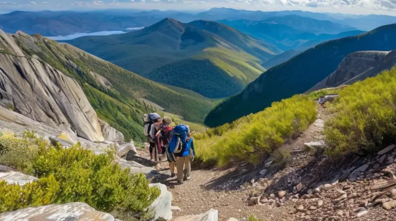 Un grupo de hikers se reúne bajo un cielo azul claro en la cima de una montaña escarpada