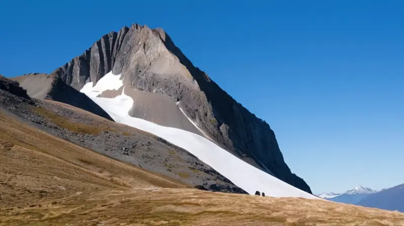 En el fondo se ve una cumbre montañosa con nieve afgosta y rocas emergiendo entre las gramas alpinas