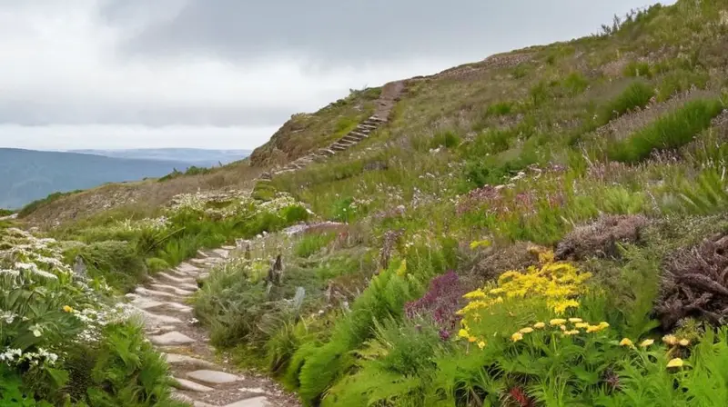 Un sendero serpenteante de rocas volcánicas cubiertas de vegetación densa y árboles con estructuras naturales