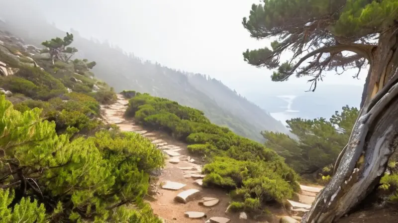 Una sendero de tierra rocosa y pedregoso sube hacia el cielo con suelto arbustos de junípero verdes