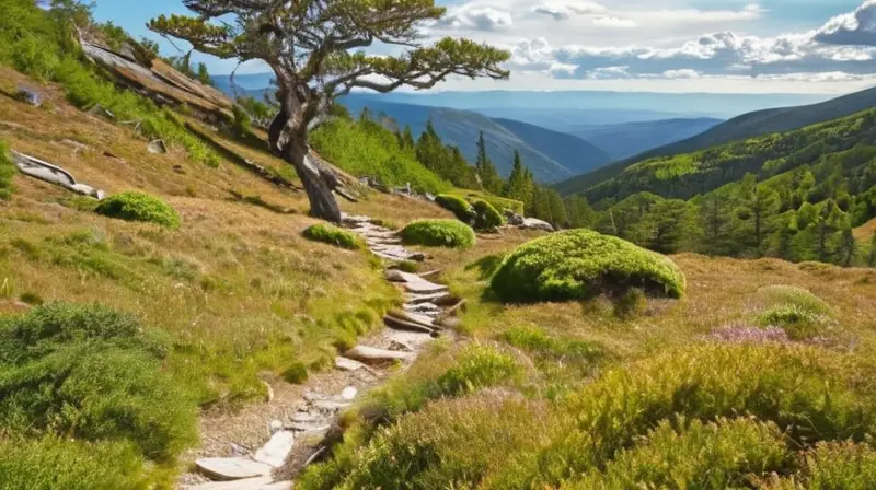 Una serpenteante senda de tierra cruza un lomo de montaña de granito soleado rodeada de vegetación escasa pardusca