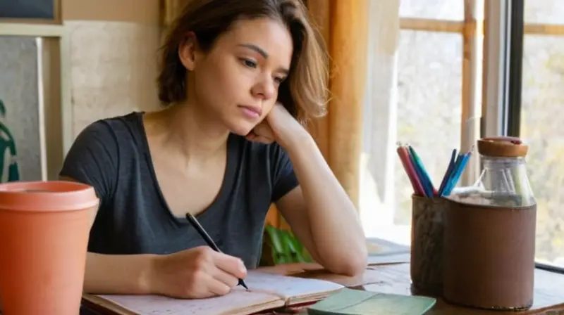 Una joven apática se sienta en su escritorio con gesto de frustración