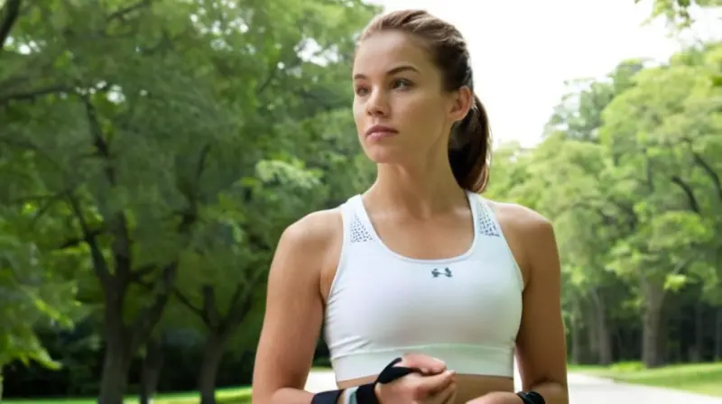 Una mujer atlética se encuentra en un parque con ropa deportiva blanca que resalta su físico tonificado y sudor que gotea ligeramente