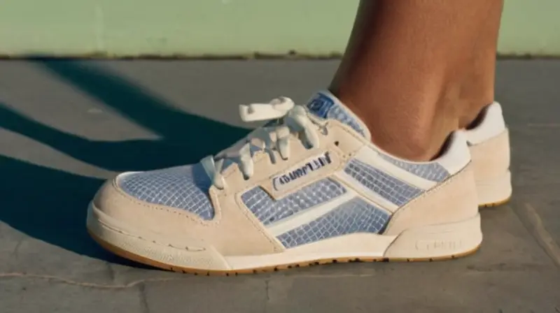 Los zapatos de running están descansando en la tierra con sombra larga extendida bajo el atardecer