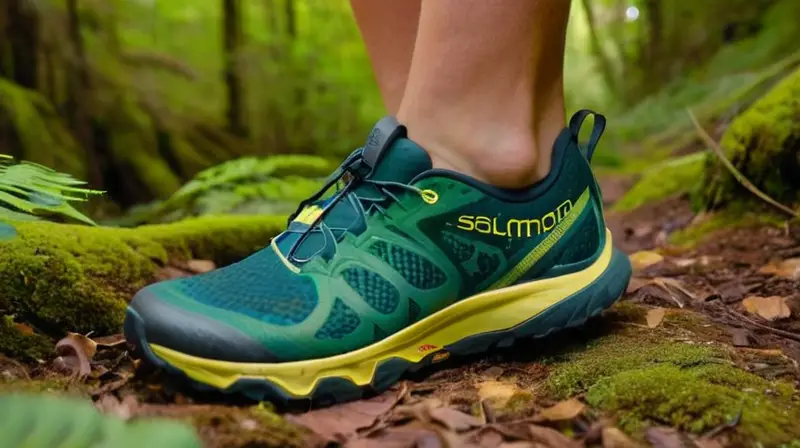 Un corredor de trail camina con facilidad sobre un terreno empapado, rodeado de vegetación verde intenso bañada en la luz del sol crepuscular