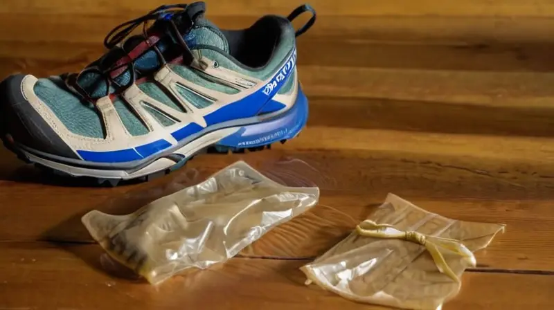 Una vista cercana de un par de zapatos de correr gastados se encuentra junto a una vieja hoja de mapas de senderos y equipo abandonado debajo de la naturaleza acogedora