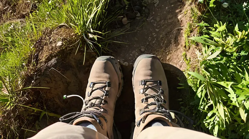 Un sendero arenoso se extiende bajo el sol matutino hasta un árbol donde reposan las botas de senderismo del excursionista