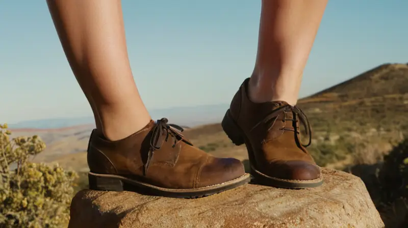 Un par de botas de cuero oscuro luce precario en una tierra rocosa oscura