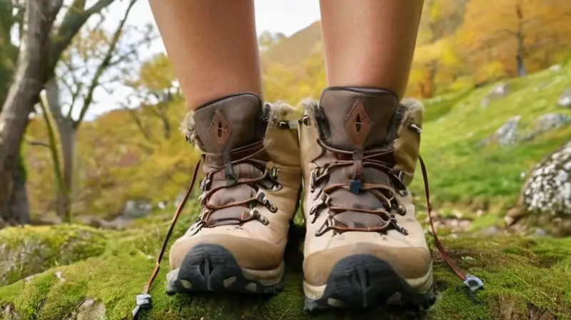 El hípice sostiene su botina de trekking con la empuñadura desgastada y los lazos cubiertos por gotitas de sudor seco