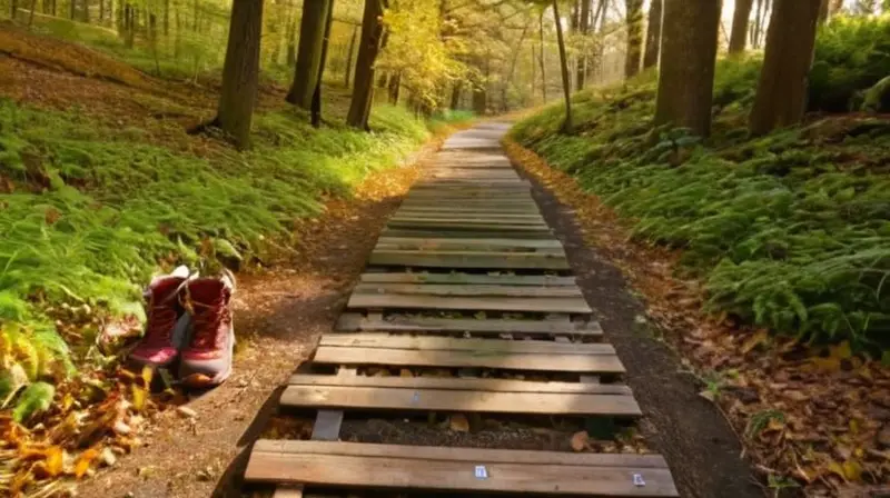 Un sendero de asfalto desgastado es iluminado por la luz del sol filtrada entre los tablones de madera