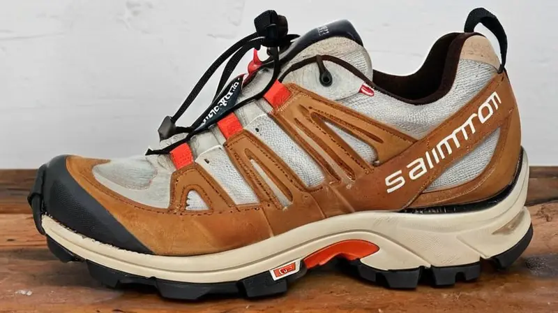 Un par de zapatos para senderismo Salomon XT 4 OG vistos en un entorno desgastado de madera y piedras