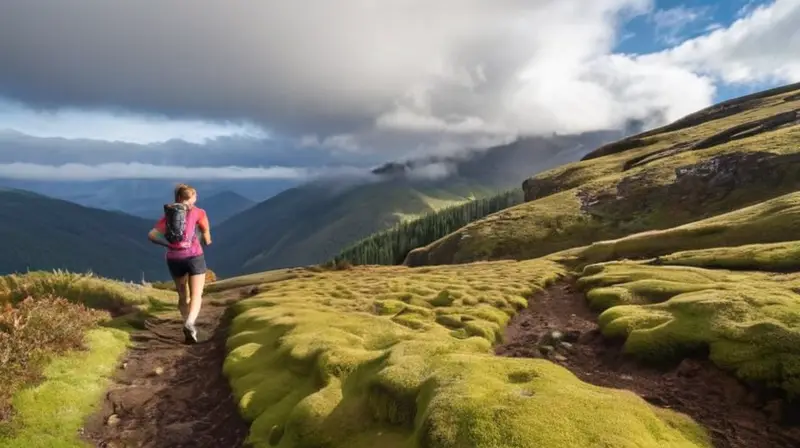 Una senderista ultra distancia corre por un sendero acantilado que desciende desde una montaña rocosa, bañada en luz solar y sombra