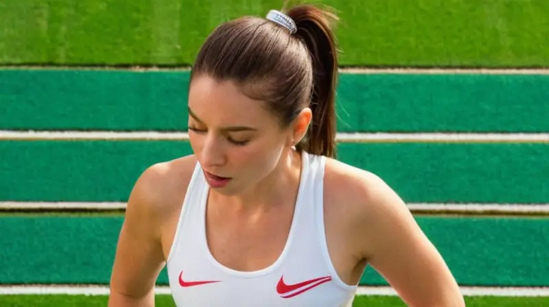 Una atleta de gran estatura y cuerpo atlético se muestra en una pista de atletismo sintética cubierta de un verde intenso