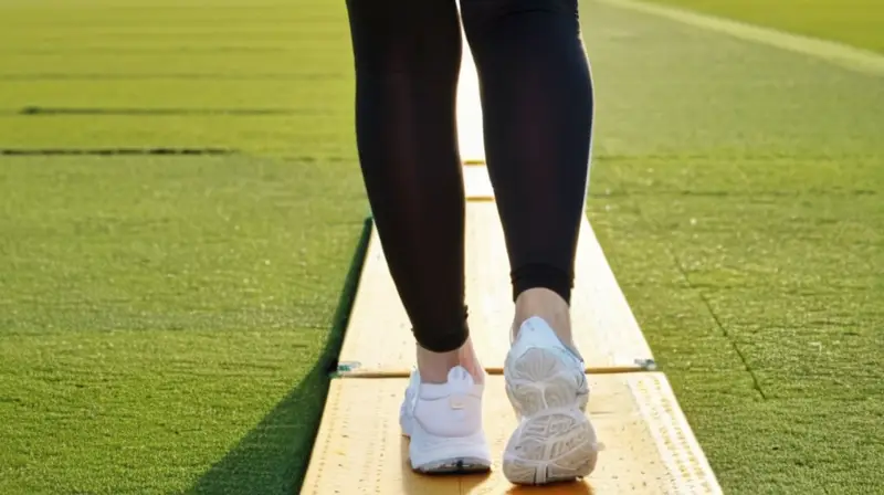 Una joven atleta con un cuerpo atlético se salta por encima de una pista cubierta de césped brillante