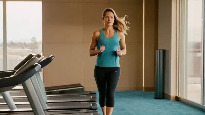 Una mujer de treinta años con cabello claro camina al lado de una cinta de correr en un gimnasio iluminado por el sol