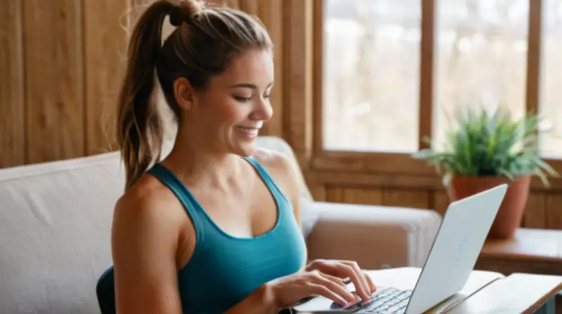 Una joven mujer se sienta en un sofá desgastado, con su laptop abierto y sus dedos tecleando rítmicamente la pantalla