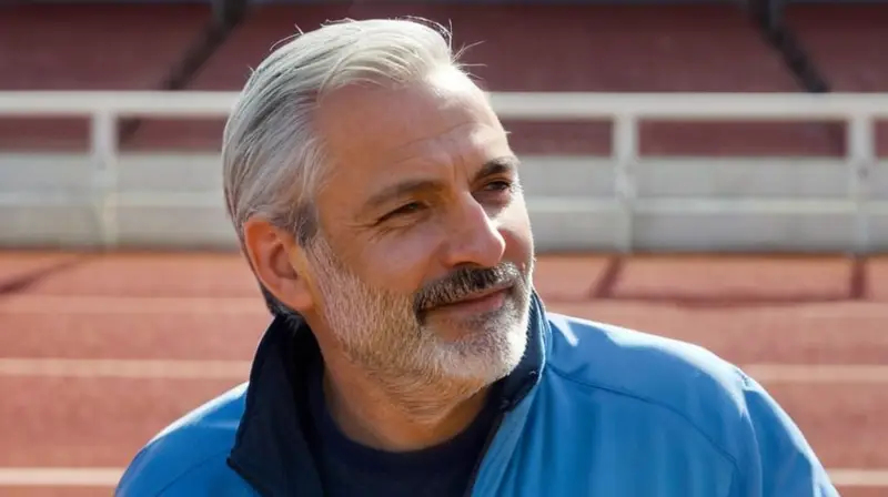 Un hombre mayor con semblante cansado y rasgos marcados se encuentra estirado en un tramo de un estadio