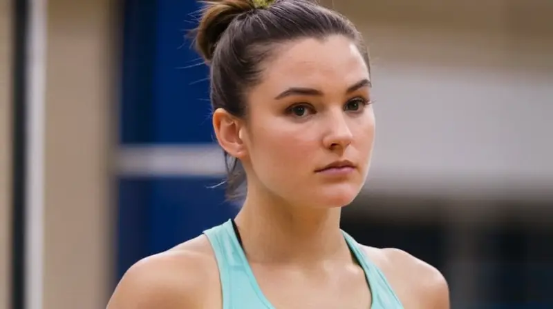 Una joven atleta con frente decidida y cuerpo fitness se muestra en un entorno deportivo interno iluminado por luces fluorescentes débiles